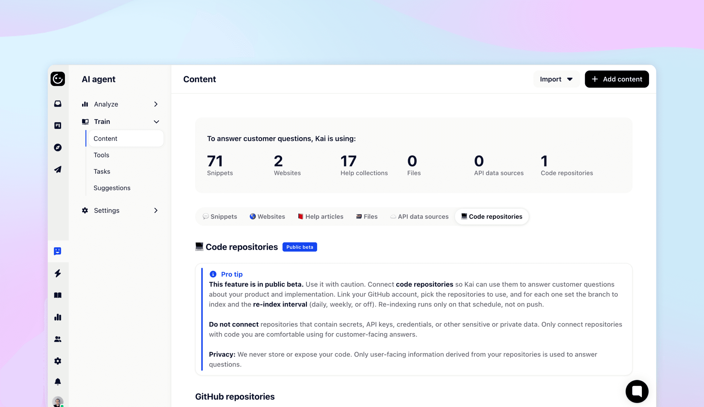 Code indexing for Kai